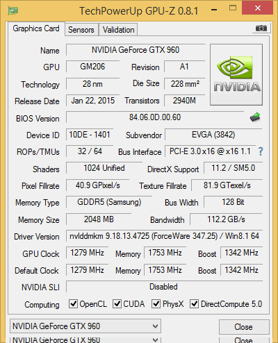 NVIDIA Maxwell/GM206 GPU overall specs - GPU-Z