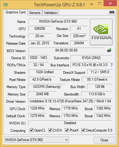 GPU-Z overclock report - EVGA GTX 960 SSC 50MHz overclock