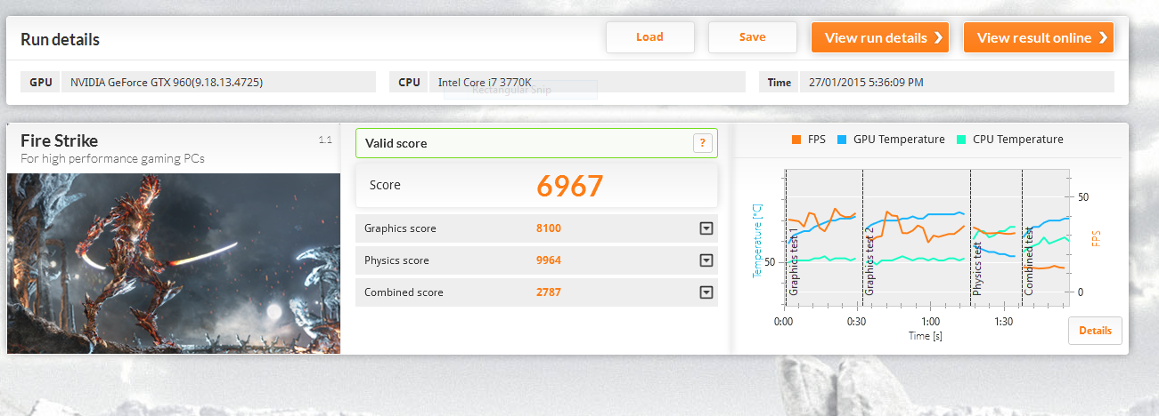 3DMark Firestrike Result Summary - EVGA GTX 960 SSC 50MHz overclock